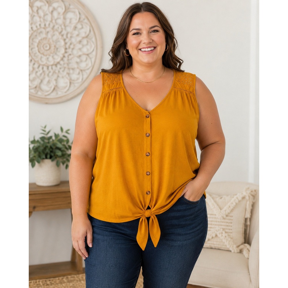 Blouse Mustard Yellow Womens 3X Sleeveless Crochet Tie Front Boho Plus Size